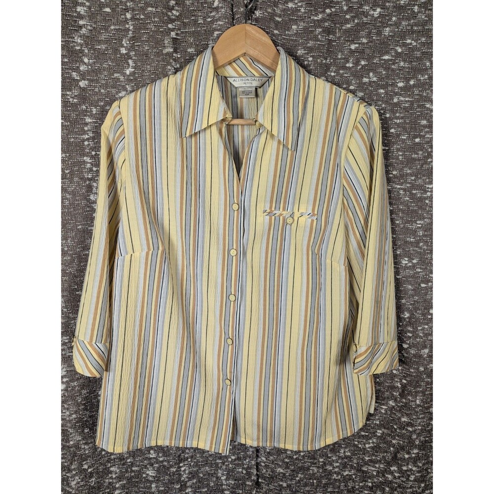 Vintage Allison Daley 3/4 Sleeve Yellow Striped Button Down Blouse Women's 10P